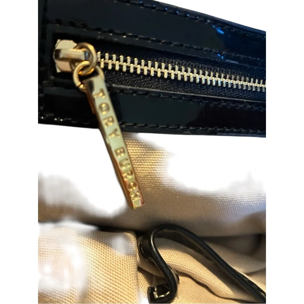 TORY BURCH Large Logo Charm Tote Black Canvas Patent Leather EUC